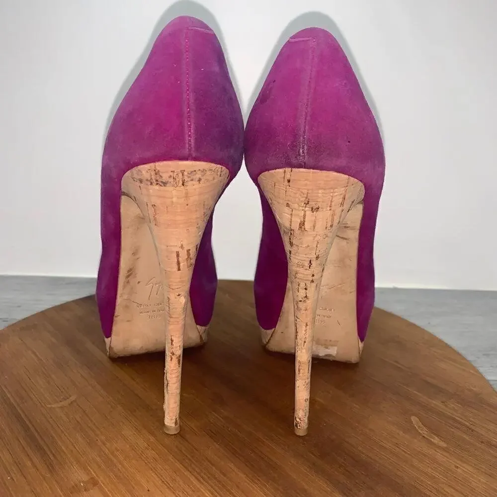 Giuseppe Zanotti SHARON Platform Peep Toe Suede Purple Clover Pump Heels Sz 38.5